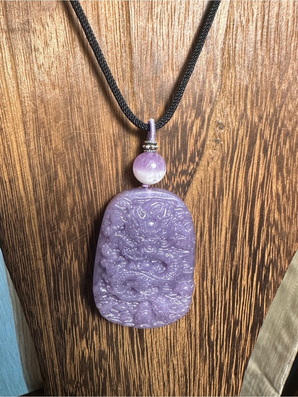 Lavender Carved Ocean Jasper Dragon Pendant Necklace with Half Bowl Amethyst